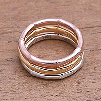 Gold plated sterling silver band rings, 'Bamboo Trio' (set of 3) - 3 Bamboo Motif Rings in Silver, Gold and Rose Gold