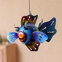Steel hanging tealight holder, 'Bright Fish' - Steel Fish Hanging Tealight Holder from Bali
