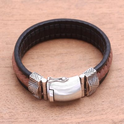 Mens leather braided wristband bracelet, Blessing of Strength in Brown
