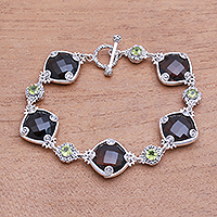 Smoky quartz and peridot link bracelet, 'Buddha Glitter' - Smoky Quartz and Peridot Link Bracelet from Bali