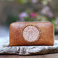 Leather clutch, 'Padma Center in Ginger' - Patterned Leather Clutch in Ginger from Bali