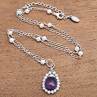 Amethyst and cultured pearl pendant necklace, 'Wreathed Beauty' - Amethyst and Cultured Pearl Pendant Necklace from Bali