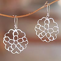 Sterling silver dangle earrings, 'Rosy Beauty' - Rose Flower Sterling Silver Dangle Earrings from Bali