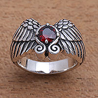 Garnet cocktail ring, 'Winged Glitter' - Wing Motif Garnet Band Ring from Bali