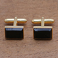 Gold plated onyx cufflinks, 'Regal Rectangles' - Gold Plated Rectangular Onyx Cufflinks from Bali
