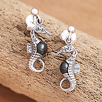 Cultured pearl dangle earrings, 'Amed Night Seahorse' - Bali Sterling Silver Seahorse Earrings with Dark Pearls