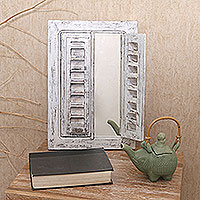 Wood wall mirror, 'Balinese Window in White' - Whitewashed Wood Wall Mirror with Shutters
