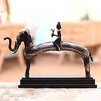 Brass sculpture, 'Long Elephant' - Regal Antiqued Brass Elephant Sculpture from Bali