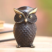 Brass figurine, 'Dark Owl' - Antiqued Brass Owl Figurine Crafted in Bali
