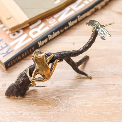 Brass sculpture, 'The Hunt' - Frog and Dragonfly-Themed Antiqued Brass Sculpture from Bali
