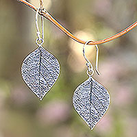Sterling silver dangle earrings, 'Mangrove Leaf' - Handcrafted Balinese Leaf Theme Silver 925 Earrings