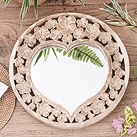 Wood wall mirror, 'Jepun Love' - Whitewashed Floral Heart-Shaped Wood Wall Mirror