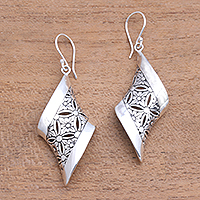 Sterling silver dangle earrings, 'Curved Bliss' - Curved Floral Sterling Silver Dangle Earrings from Bali