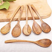 Teak wood spoons, 'Warm Memory' (set of 6) - Handcrafted Teak Wood Spoons from Bali (Set of 6)