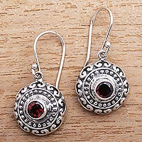 Garnet dangle earrings, 'Shield Charm' - Round Garnet Dangle Earrings Crafted in Bali