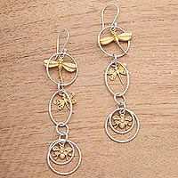Gold accented sterling silver dangle earrings, 'Golden Bugs' - Bug-Themed Gold Accented Sterling Silver Dangle Earrings