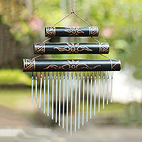 Sun Motif Bamboo Wind Chimes in Black from Bali,'Breezy Sound'