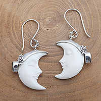 Citrine dangle earrings, 'Sleeping Moon in Yellow' - Moon and Citrine Sterling Silver Dangle Earrings