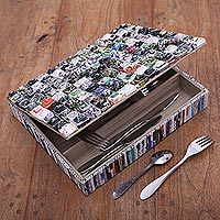 Recycled paper cutlery box, 'Temple Spires' - Handmade Recycled Paper Cutlery Box from Java