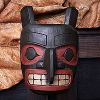 Wood mask, 'Totem Head' - Hand Carved Wood Totem Wall Mask from Indonesia