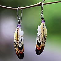 Amethyst and garnet dangle earrings, 'Delightful Feathers' - Hand-Carved Feather Dangle Earrings with Amethyst