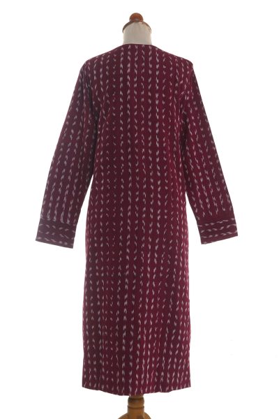 Ikat cotton jacket, 'Kartini Burgundy' - Long Handwoven Burgundy & Blue Ikat Cotton Duster Jacket