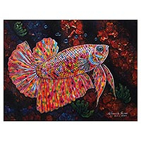 'Rainbow Betta' - Signed Balinese Painting of a Siamese Fighting Fish