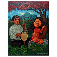 'Happy Life' - Colorful Painting of a Family at Peace with Nature