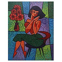 'Fall in Love' - Colorful Modern Painting of a Young Woman from Bali