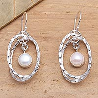 Cultured pearl dangle earrings, 'Undulation' - Cultured Pearl and Sterling Silver Earrings from Bali