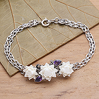Amethyst pendant bracelet, 'Ivory Lotus' - Sterling Silver and Amethyst Bracelet with Flowers