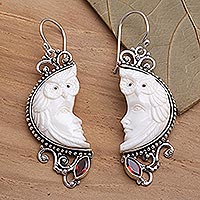 Garnet and bone dangle earrings, Owl Protector