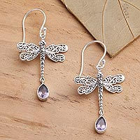 Amethyst dangle earrings, 'Dragonfly Freedom' - Artisan Crafted Balinese Silver Earrings with Amethyst