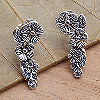 Sterling silver climber earrings, 'Tropical Allamanda' - Modern Balinese Sterling Silver Floral Ear Climber Earrings