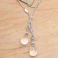 Quartz long lariat necklace, 'Crystal Serenade' - Long Sterling Silver Lariat Necklace with Crystal Quartz