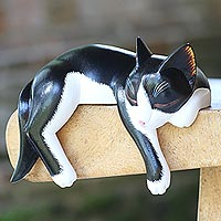 Wood sculpture, 'Tuxedo Catnap' - Balinese Signed Hand-Carved Sleeping Tuxedo Cat Sculpture