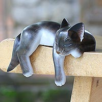 Wood sculpture, 'Catnap' - Hand Crafted Dark Grey Sleeping Kitty Cat Sculpture