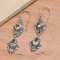 Citrine dangle earrings, 'Traditional Ways' - Balinese Style Citrine and Silver Dangle Earrings