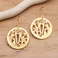 Gold Plated Japanese Inspired Dangle Earrings,'Tsuba Protection'