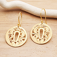 Gold plated sterling silver dangle earrings, 'Tsuba Strength' - Tsuba Motif 18k Gold Plated Dangle Earrings