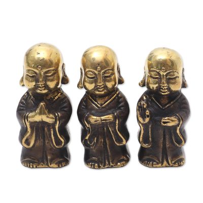 Bronze figurines, 'Buddha Monks' (set of 3) - Three Small Bronze Buddha Monk Figurines