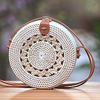 Round woven bamboo and ate grass shoulder bag, 'Natural Circuit' - Ate Grass and Bamboo Round Woven Shoulder Bag