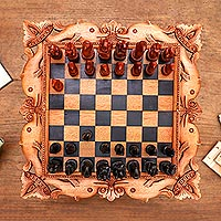 Wood chess set, 'The Sea,' - Handcarved Wood Chess Set