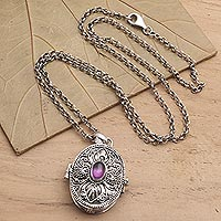 Amethyst locket pendant necklace, 'Romantically Inclined' - Amethyst Locket Necklace on Cable Chain