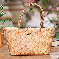 Leather accent rattan handle handbag, 'Brown Summer Braids' - Handwoven Rattan Handbag with Brown Leather Accents