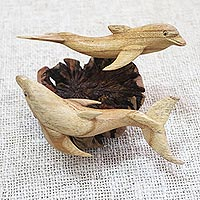 Wood sculpture, 'Twin Dolphins' - Artisan Hand Carved Wood Dolphin Sculpture