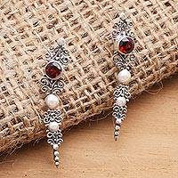 Garnet ear climber earrings, 'Crimson Penjor' - Garnet and Sterling Silver Ear Climber Earrings