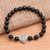 Sterling silver and onyx pendant bracelet, 'Baroque Heart in Black' - Heart Pendant Stretch Bracelet with Black Onyx Beads thumbail