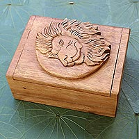 Decorative wood box, 'Lion Prince' - Hand Carved Wood Box with Lion Head Relief