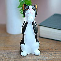 Wood statuette, 'Tuxedo Cat Makes a Wish' - Wishing Cat Hand Carved Wood Sculpture